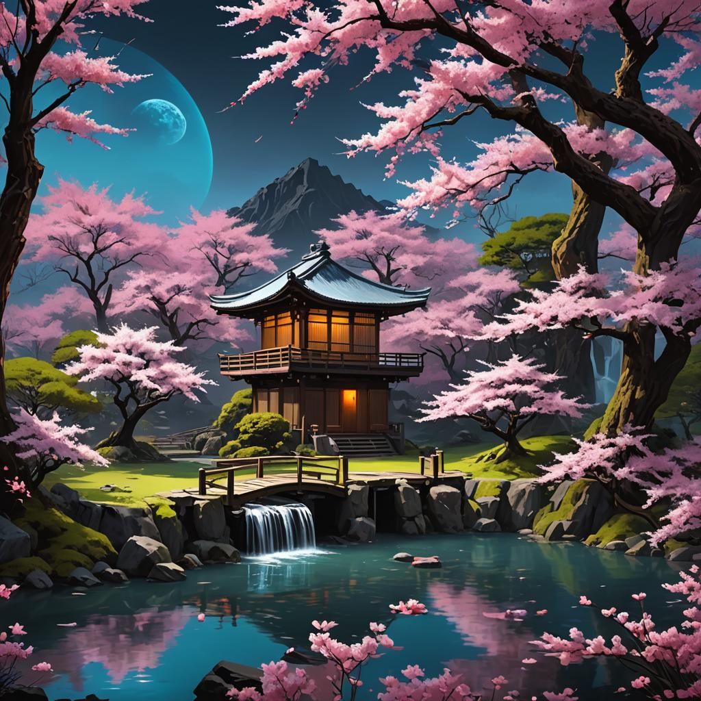 Cyberpunk Tea House with Waterfall and Cherry Blossoms