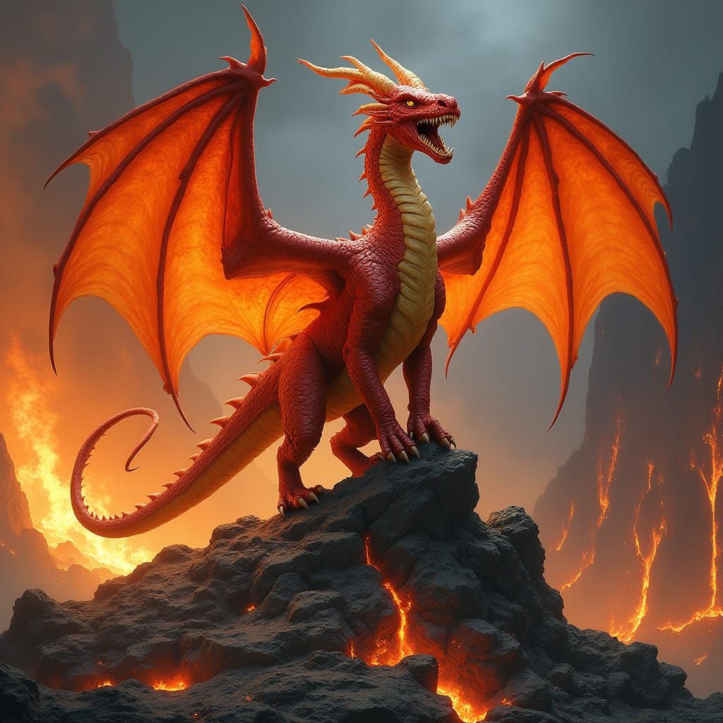 Majestic Fire Dragon in Fantastical Realism Style