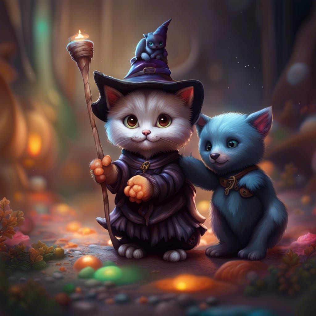 Adorable Kitten and Bear Witches Holding Hands