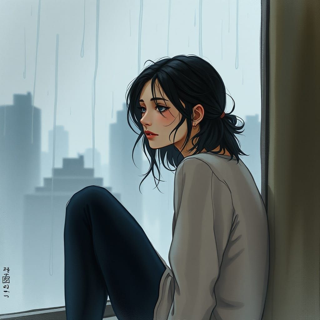 Melancholic Young Woman Lost in Thought on a Rainy City Day