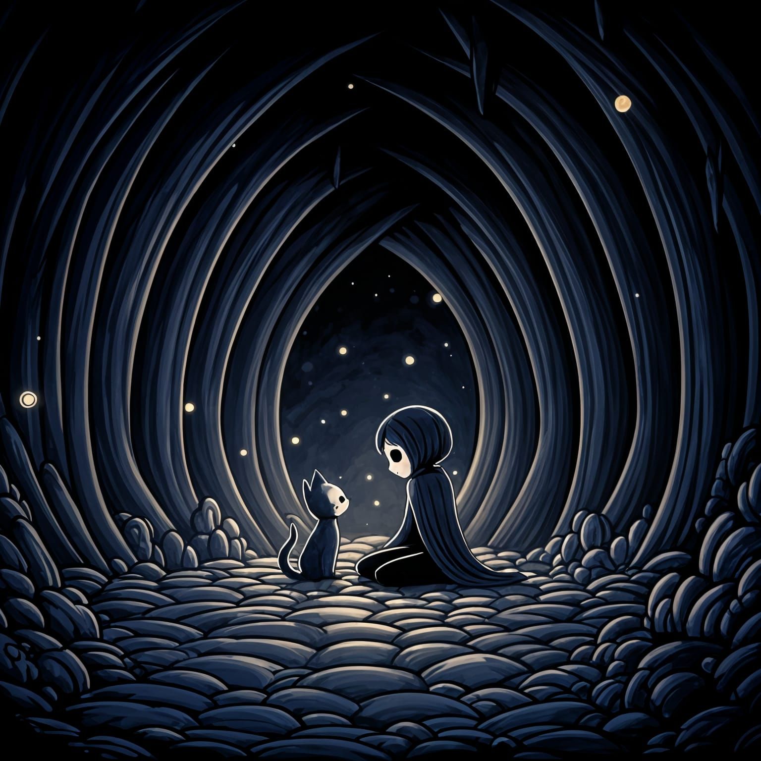 Girl with Mask Feeds Cat in Hollow Knight Style