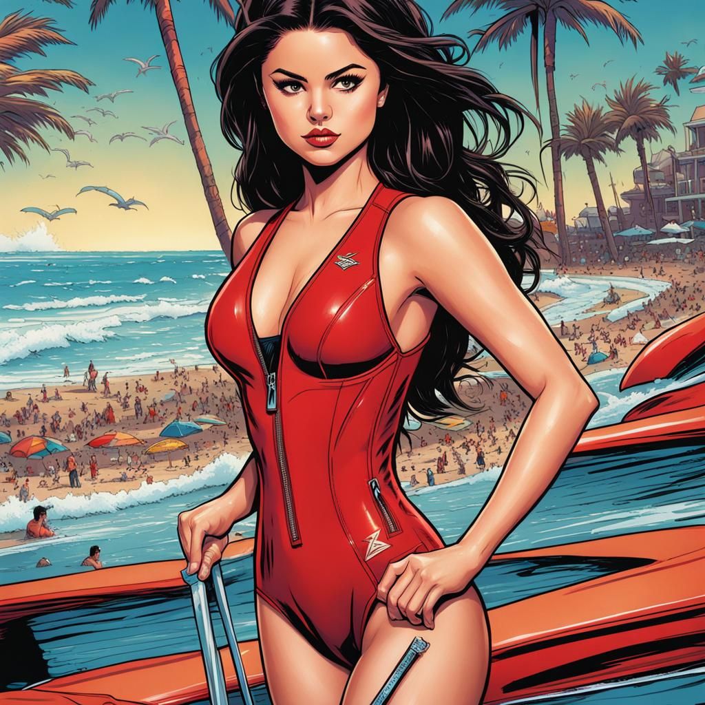 Selena Gomez in Red Swimsuit, Comic Book Art