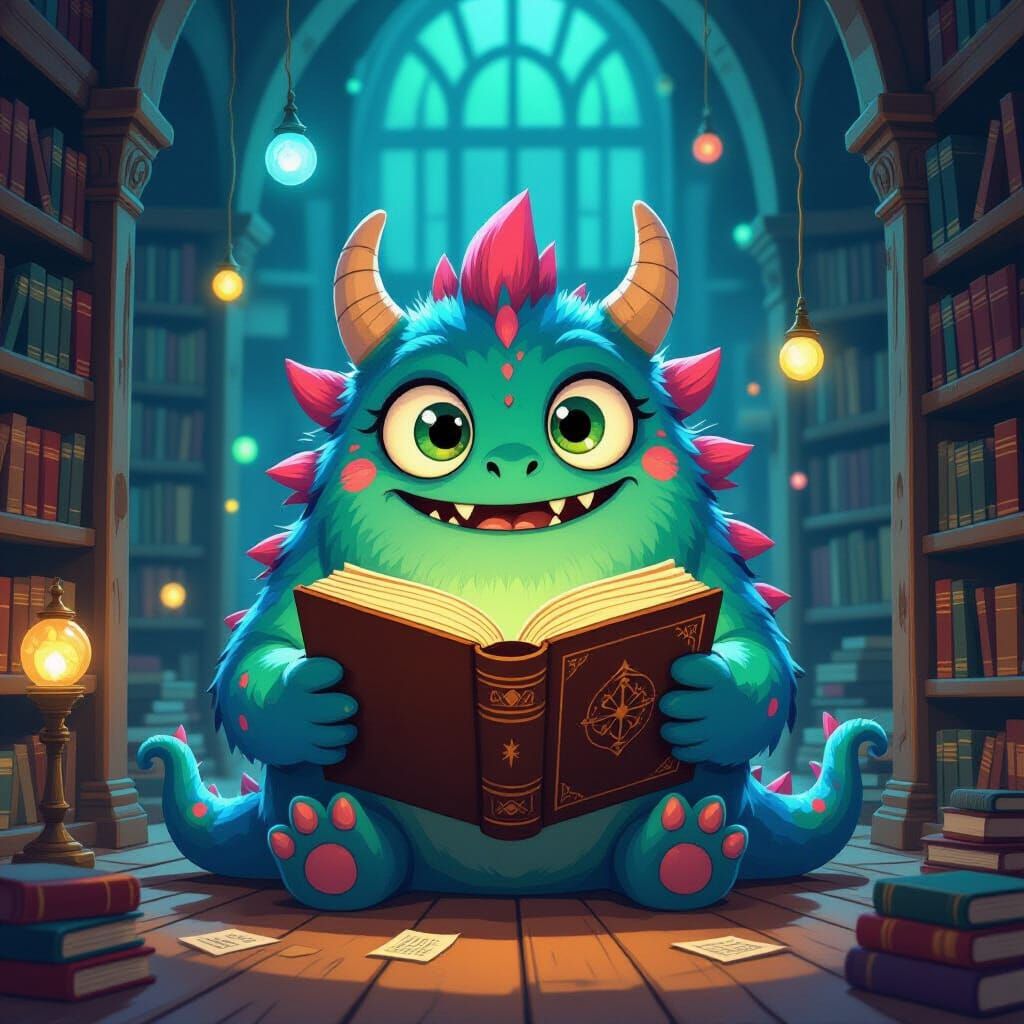 Friendly Cartoon Monster Reads Ancient Book in Magical Libra...