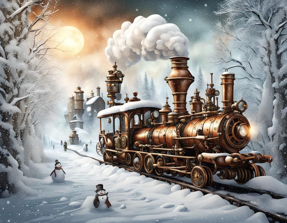 Steampunk Winter Wonderland with Snowmen and Engine