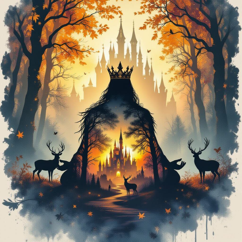 Fairytale King Meditating in Autumn Forest Double Exposure