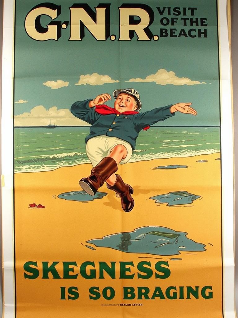 Vintage Travel Poster: Fisherman on a Bracing Skegness Beach