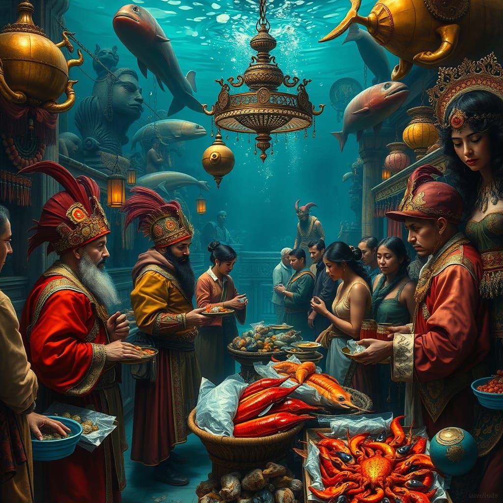 Vibrant Underwater Market Scene in Hyperrealistic Style