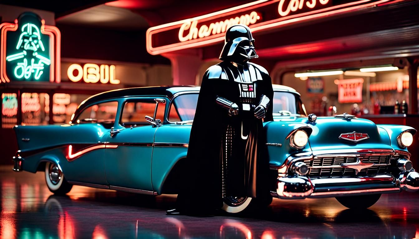 Darth Vader leaning casually on a classic Chevy