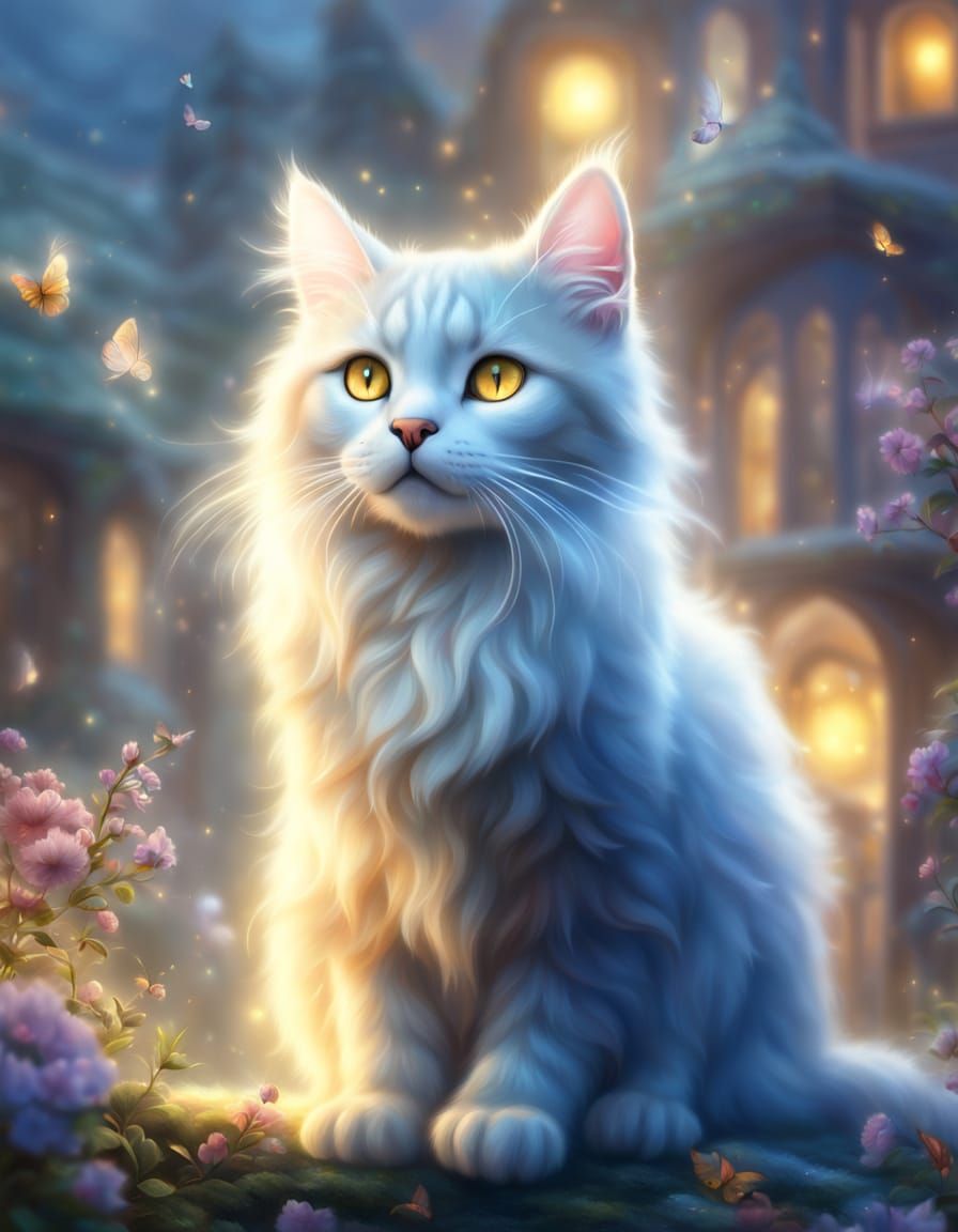 Whimsical Cat in Mist: Hyperdetailed Fantasy Art