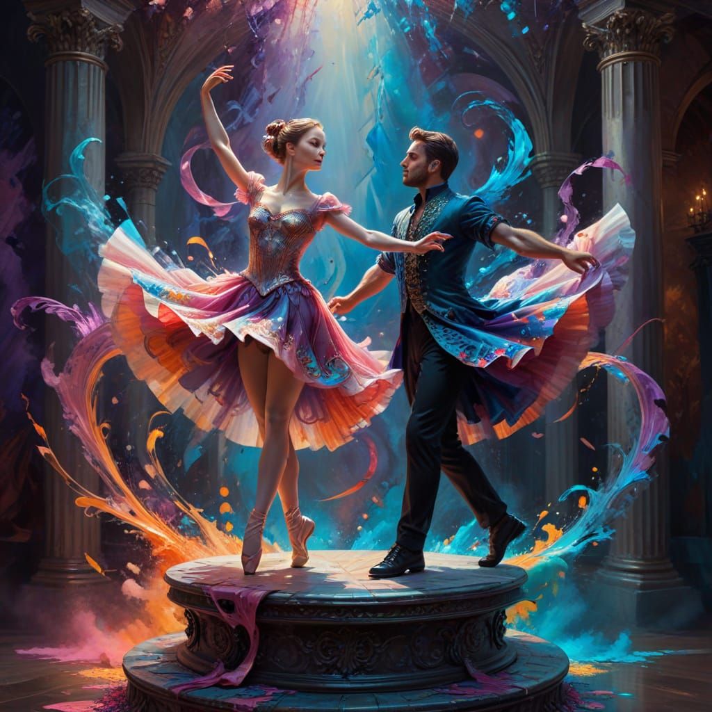 Ballerina Duo Dancing on Podium in Vibrant Oil Painting