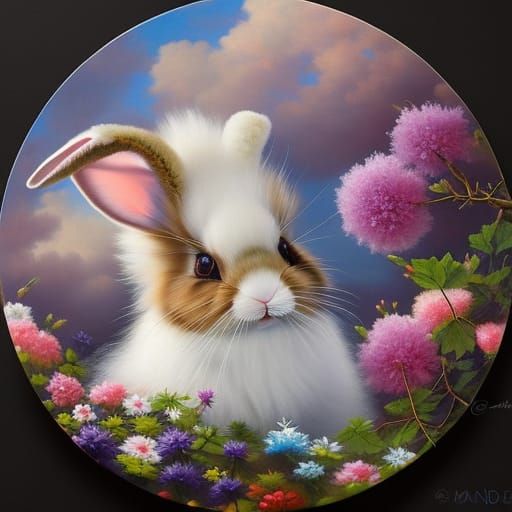 Fluffy Rabbit with Flowers in Forest: Oil Painting