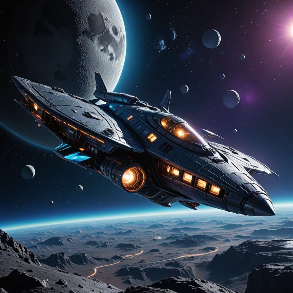 Manta Ray Space Fighter in Neon Sci-Fi Landscape