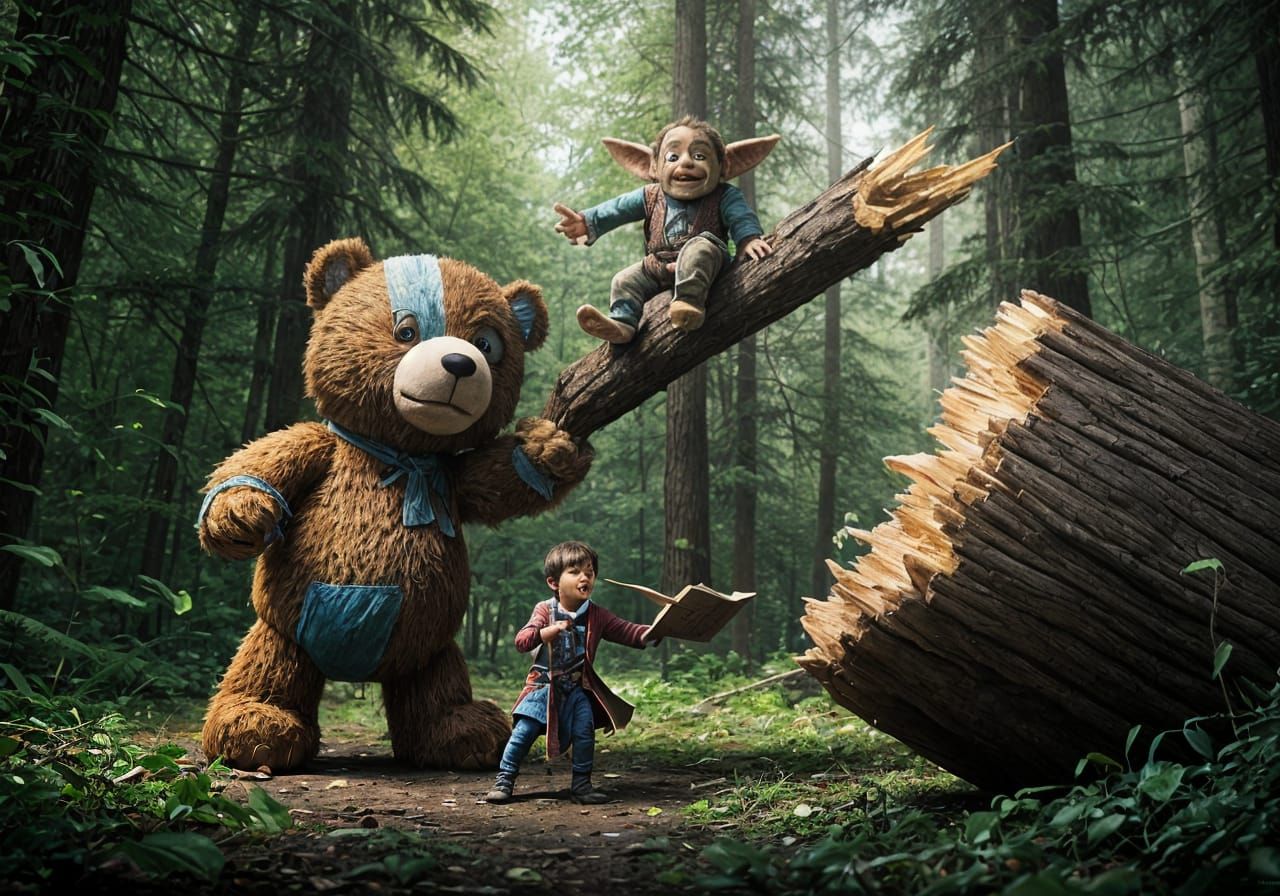 Teddy Bear Warrior Strikes Goblin in Forest Battle