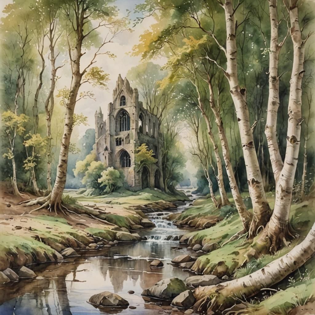 Victorian Watercolor of Stream and Abbey Ruins