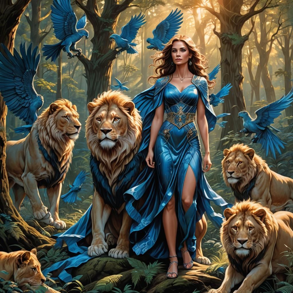 Majestic Woman with Lions in Fantasy Art Style