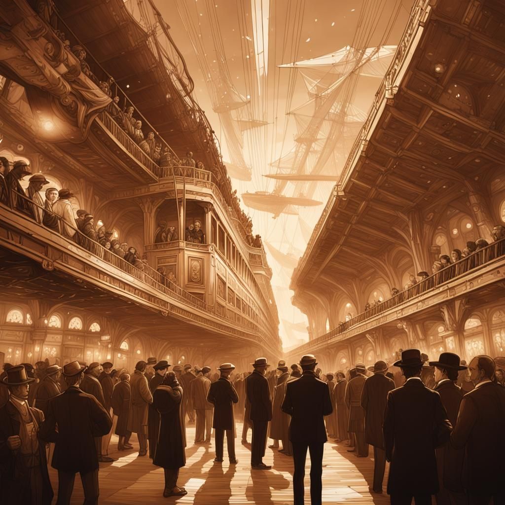 Sepia tone photo launch party of the Titanic