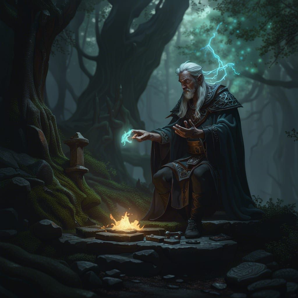 Elf Druid Conjuring Spell in Dark Fantasy Style