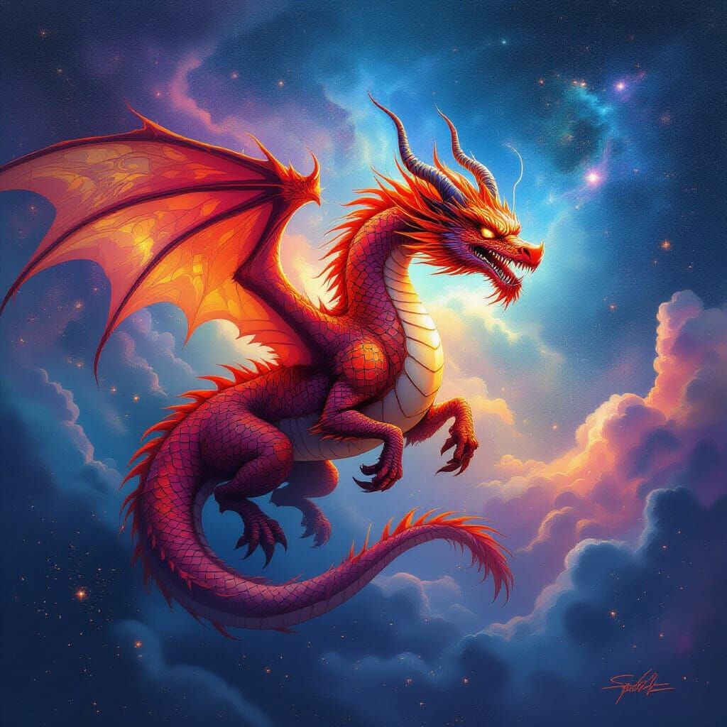 Airbrushed Fire Dragon Soaring Through Cosmic Nebula