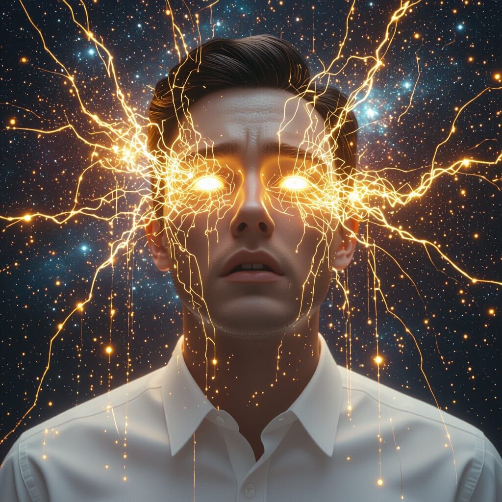 Human Face Dissolving into Digital Nebula in Beeple Style