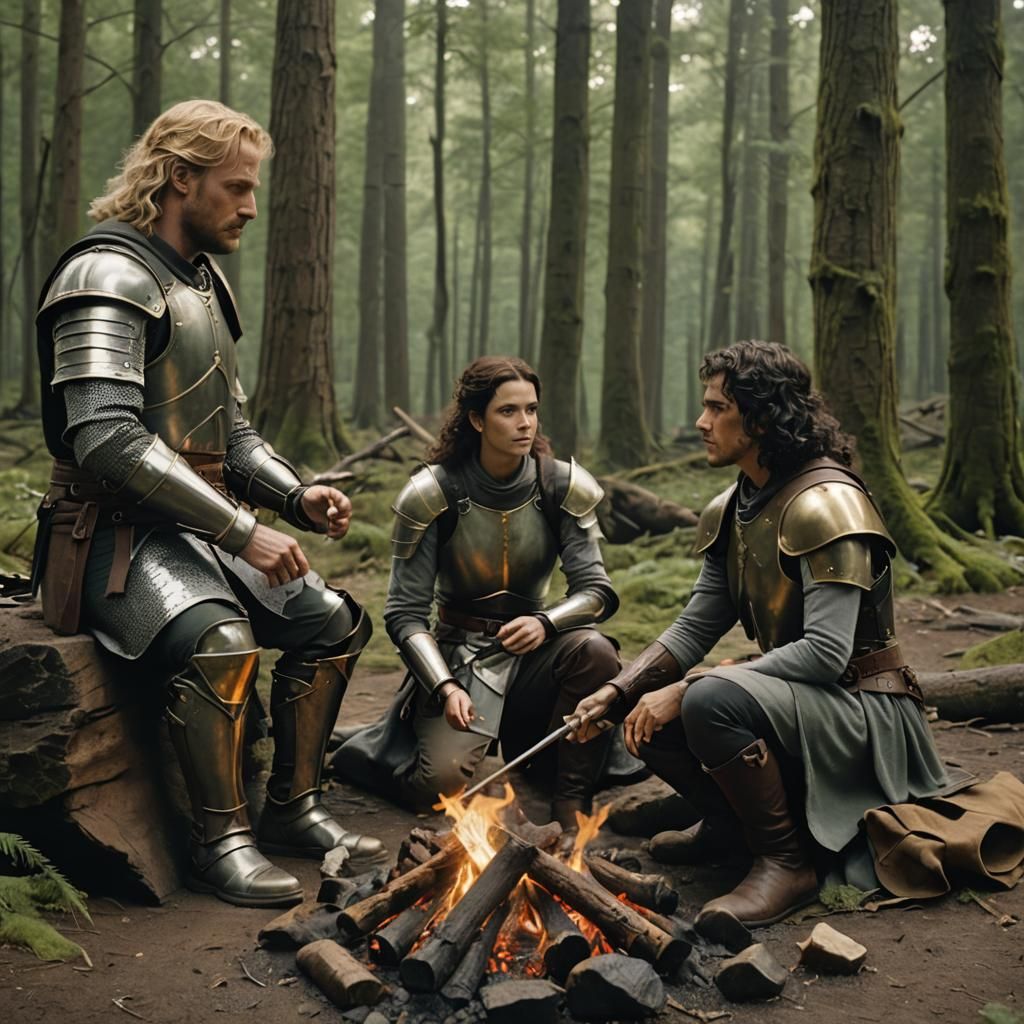 Companions Around Campfire in Forest, Cinematic Still