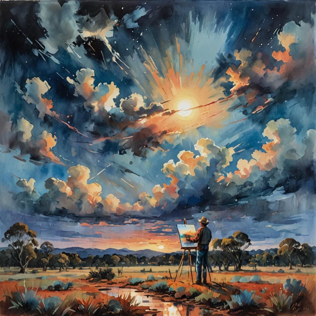 Australian painter, painting sunset sky
