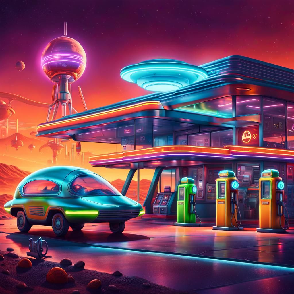 Exon Gas Station on Mars: A Retro-Futuristic Scene
