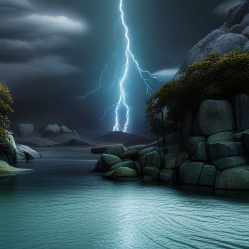 Lake Lit by Lightning: Fantasy Concept Art