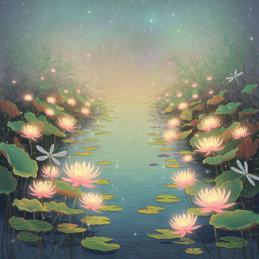Serene Moonlit Pond with Glowing Lotus Flowers in Dreamy Imp...