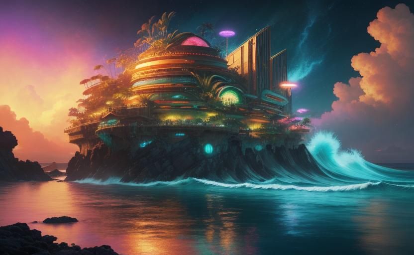 Tropical Cyberpunk Fortress on Volcanic Island