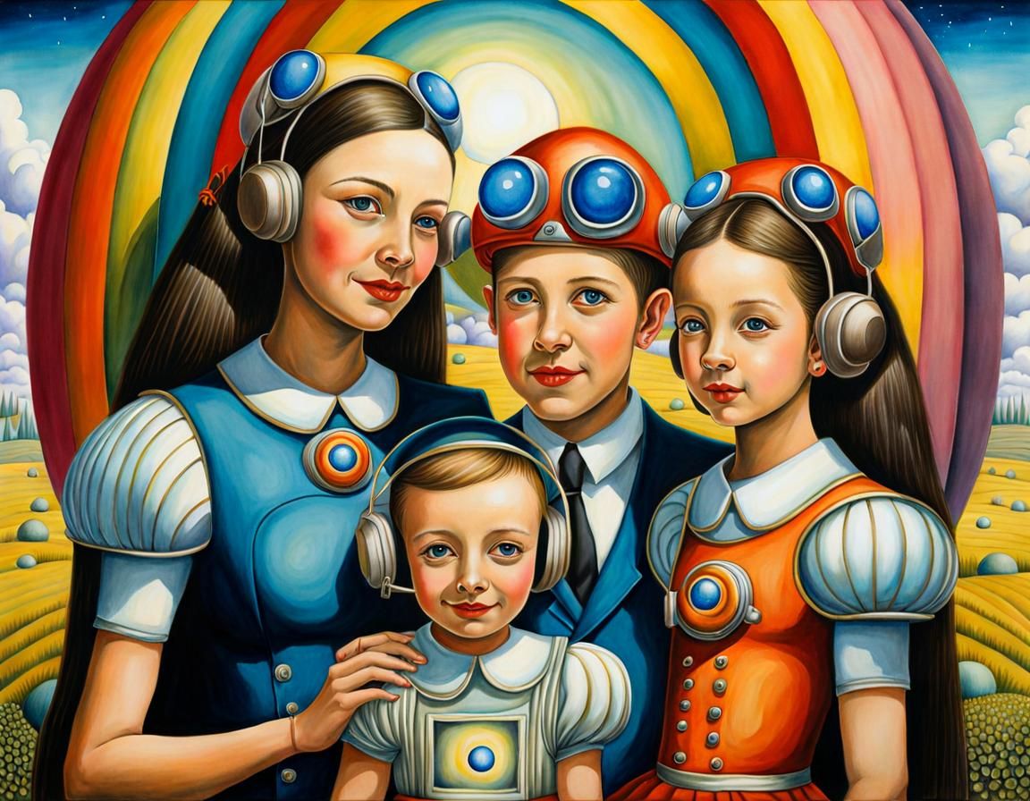 Utopian Family in Surrealist Watercolor Painting