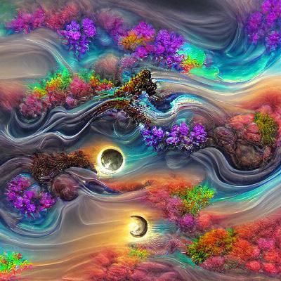 Fractal Garden: Moon, Sunset, Waterfall in Mixed Media