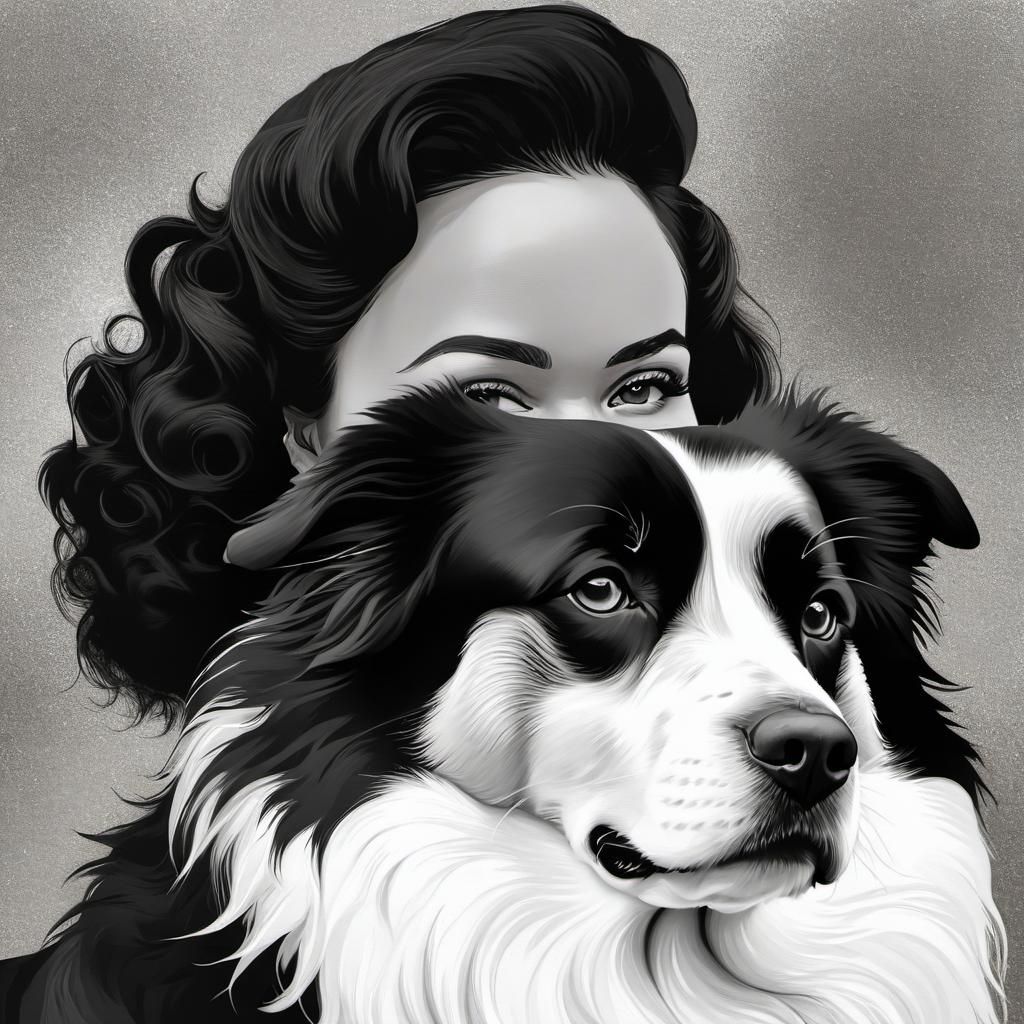 Eartha Kitt and Newfoundland Dog Portrait in Black and White