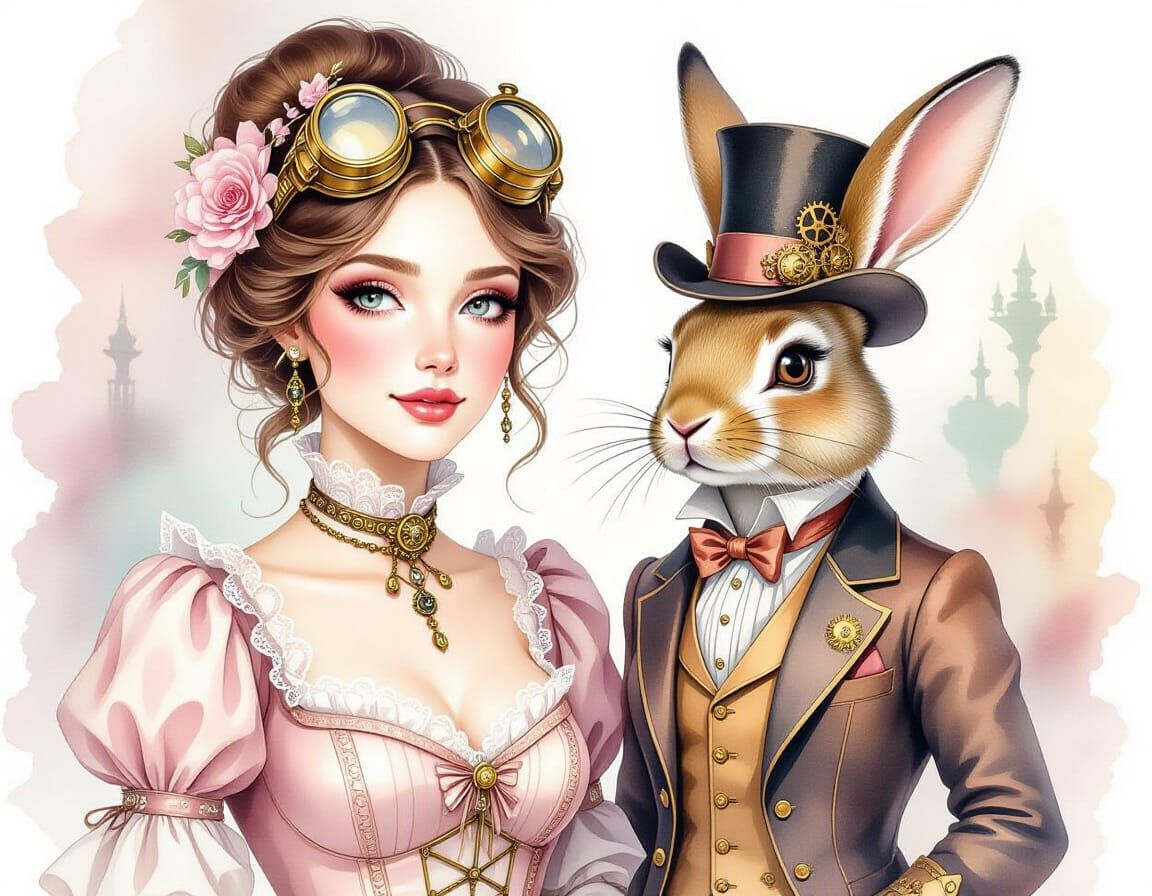Steampunk Woman and Rabbit in Watercolor Style