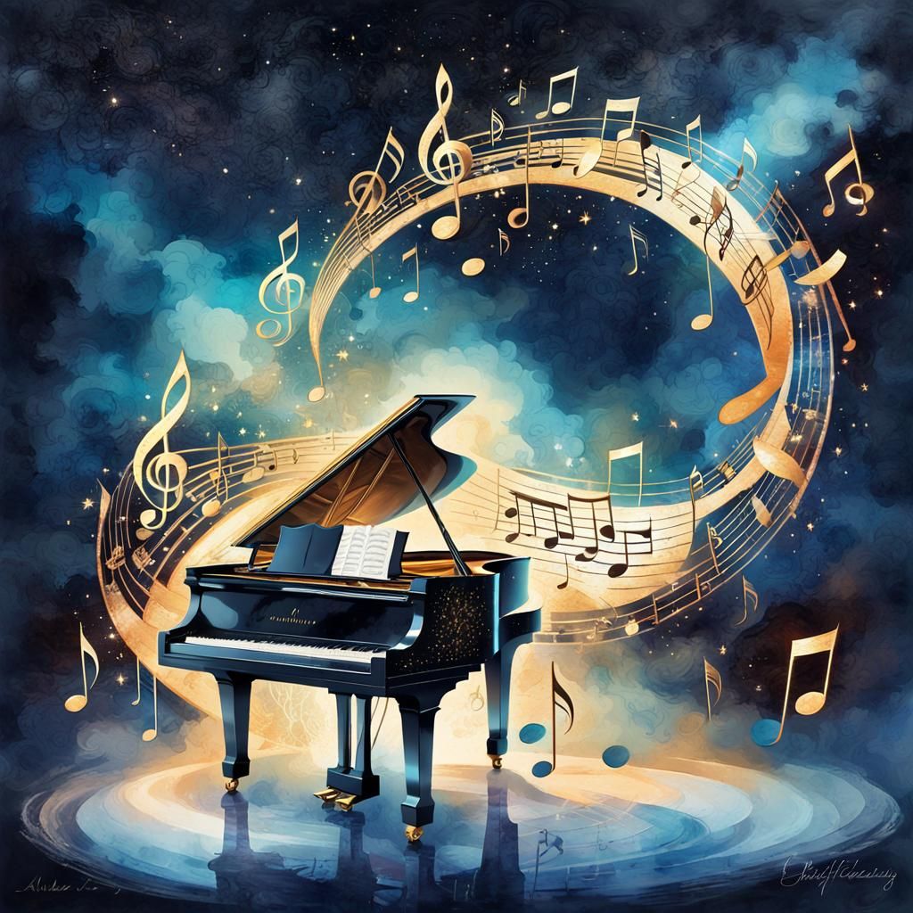 Glowing Piano with Musical Notes in Baroque Style