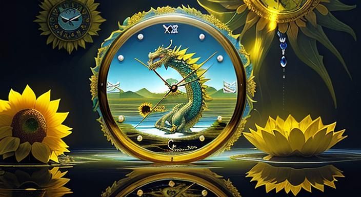 Surreal Crystal Sunflower with Dragon and Floating Clock