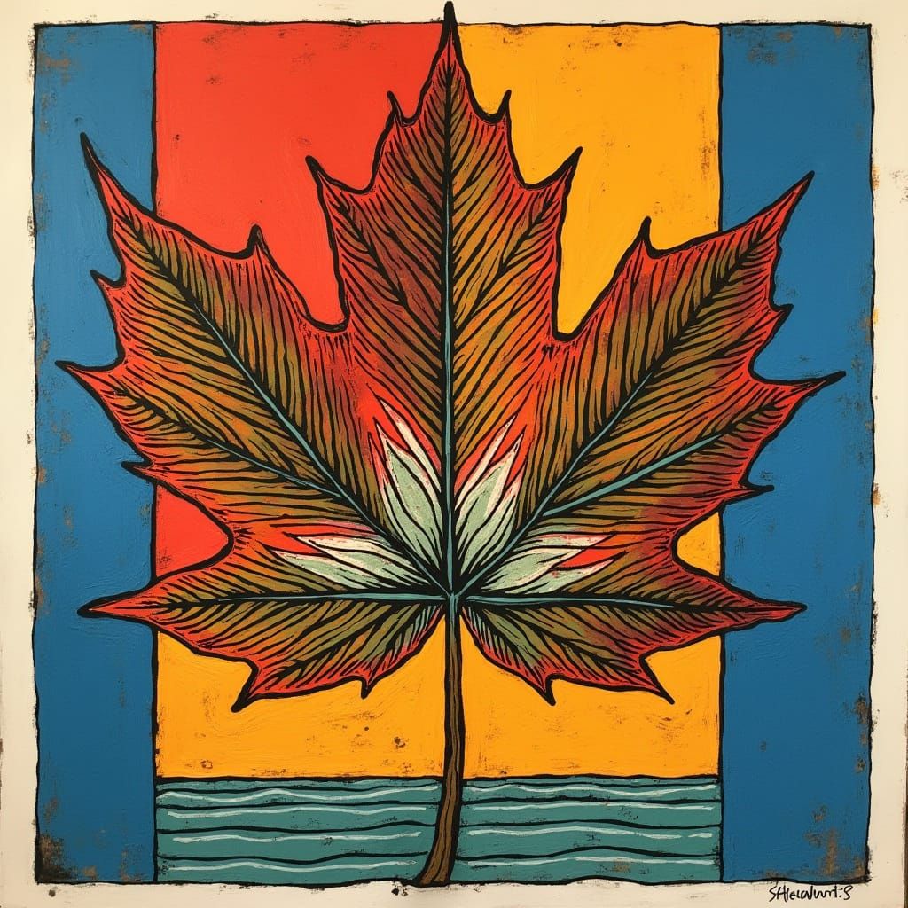 Maple Leaf with Vibrant Colors in Woodcut Style