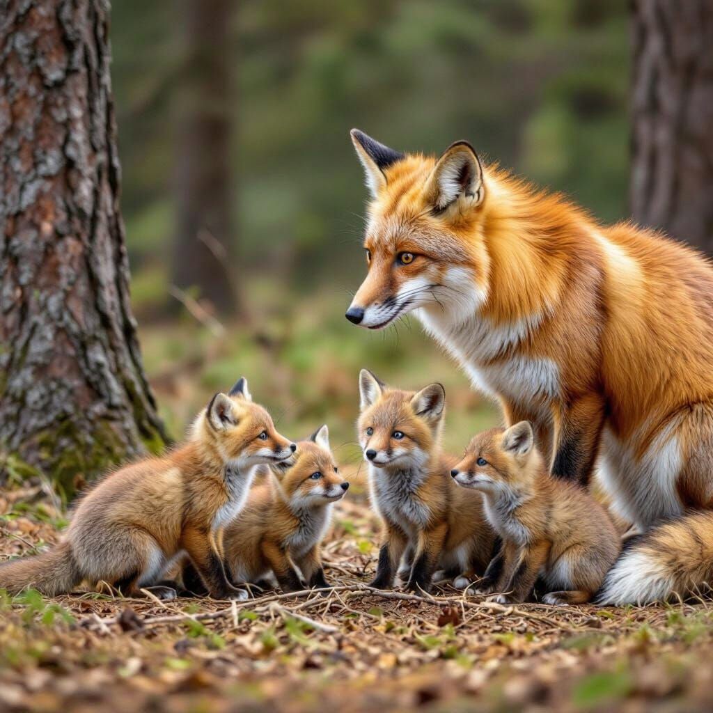 Fox Family in Forest Scene