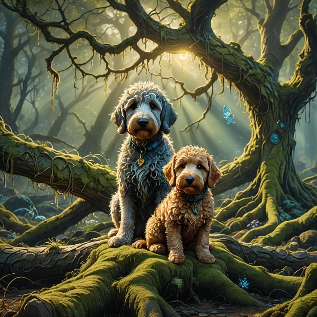 Golden Doodle in Enchanted Forest: Fantasy Art