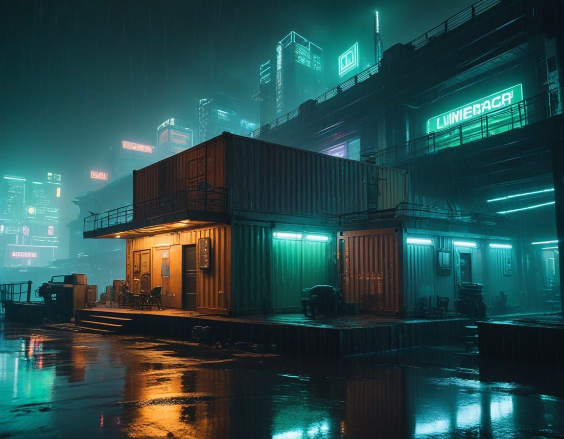 Cyberpunk Dockyard: Emerald Neon Cityscape at Night