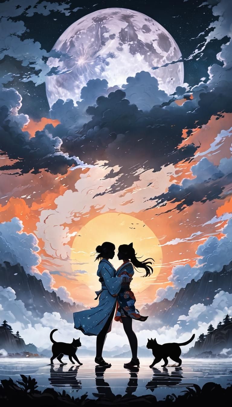 Catgirls Kissing in Stormy Stargate Realm: Ukiyo-e Anime