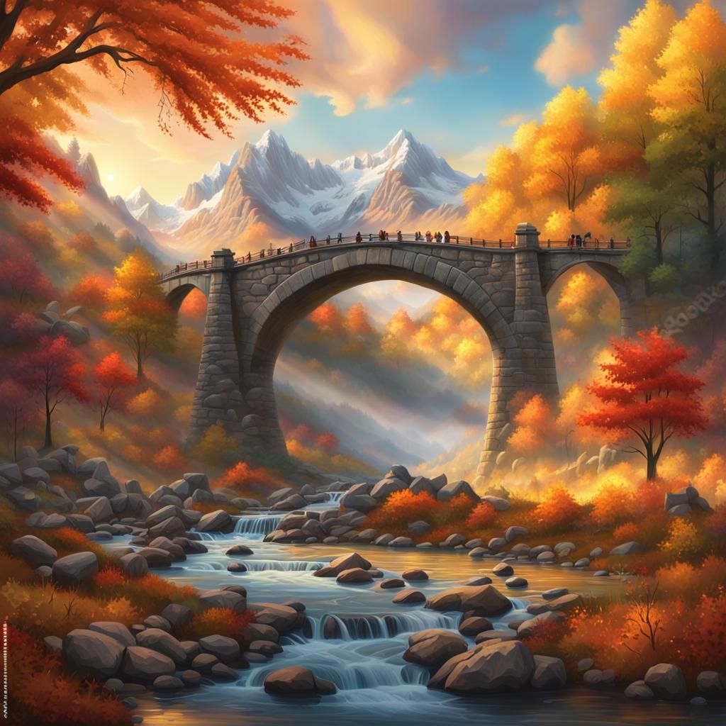 Stone Bridge Over Stream in Autumnal Landscape