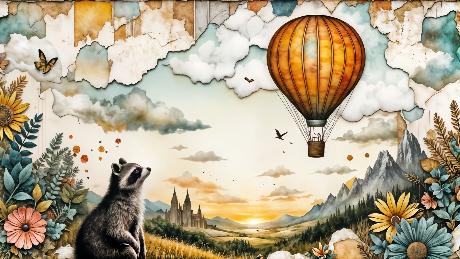 Vivid Hot Air Balloon Collage with Woodland Creature