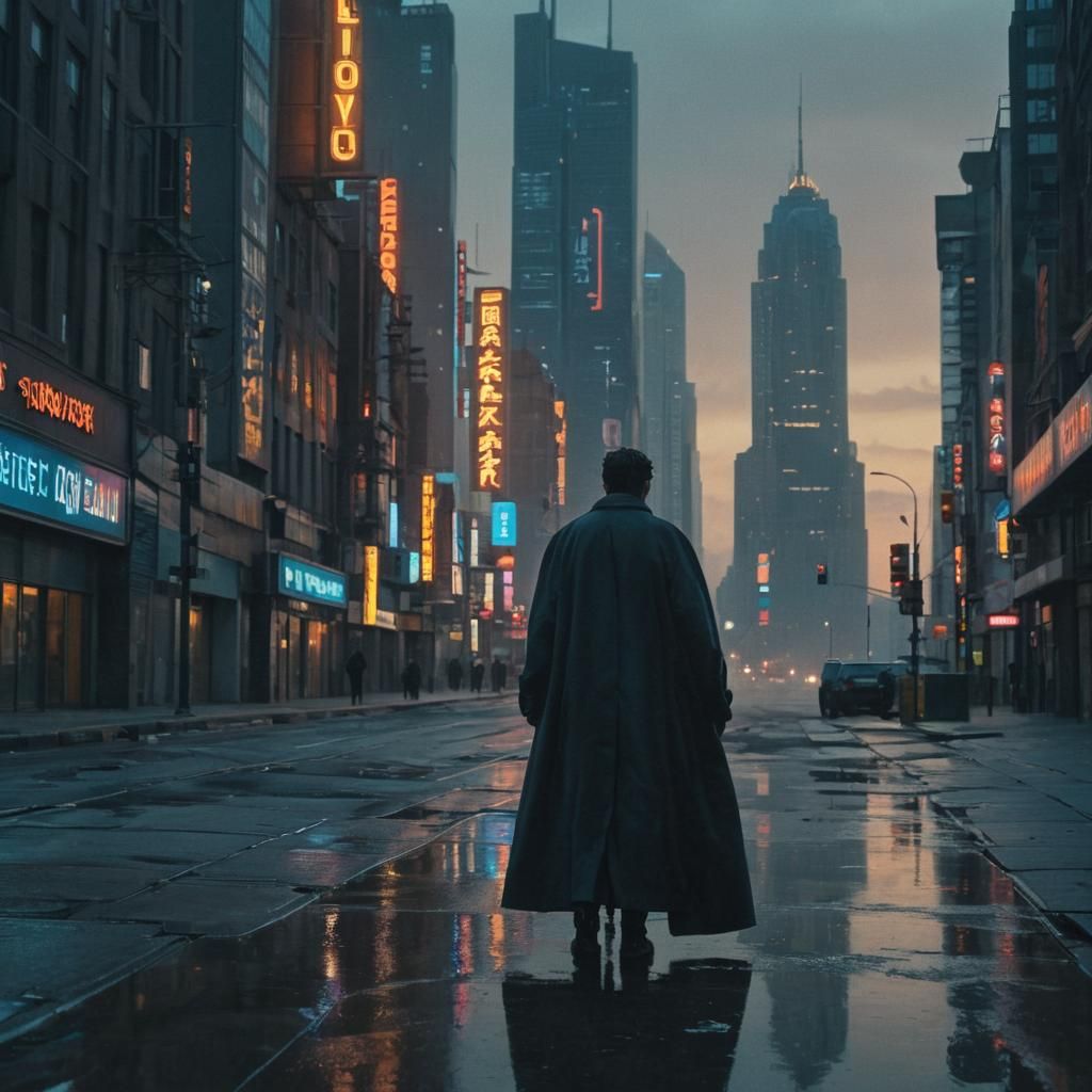 Futuristic Cityscape with Lone Figure in Surreal Style