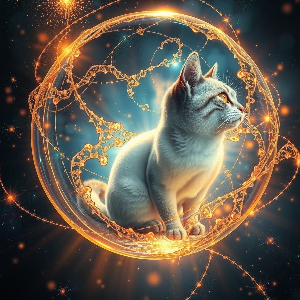 Cat in Orb Flying Through Nebula, Digital Art