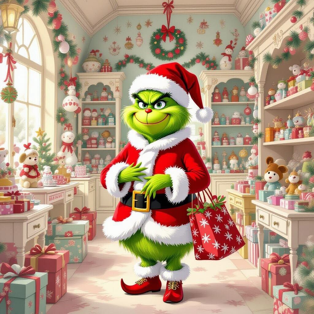 The Grinch Shopping for Christmas, in Pastel Style
