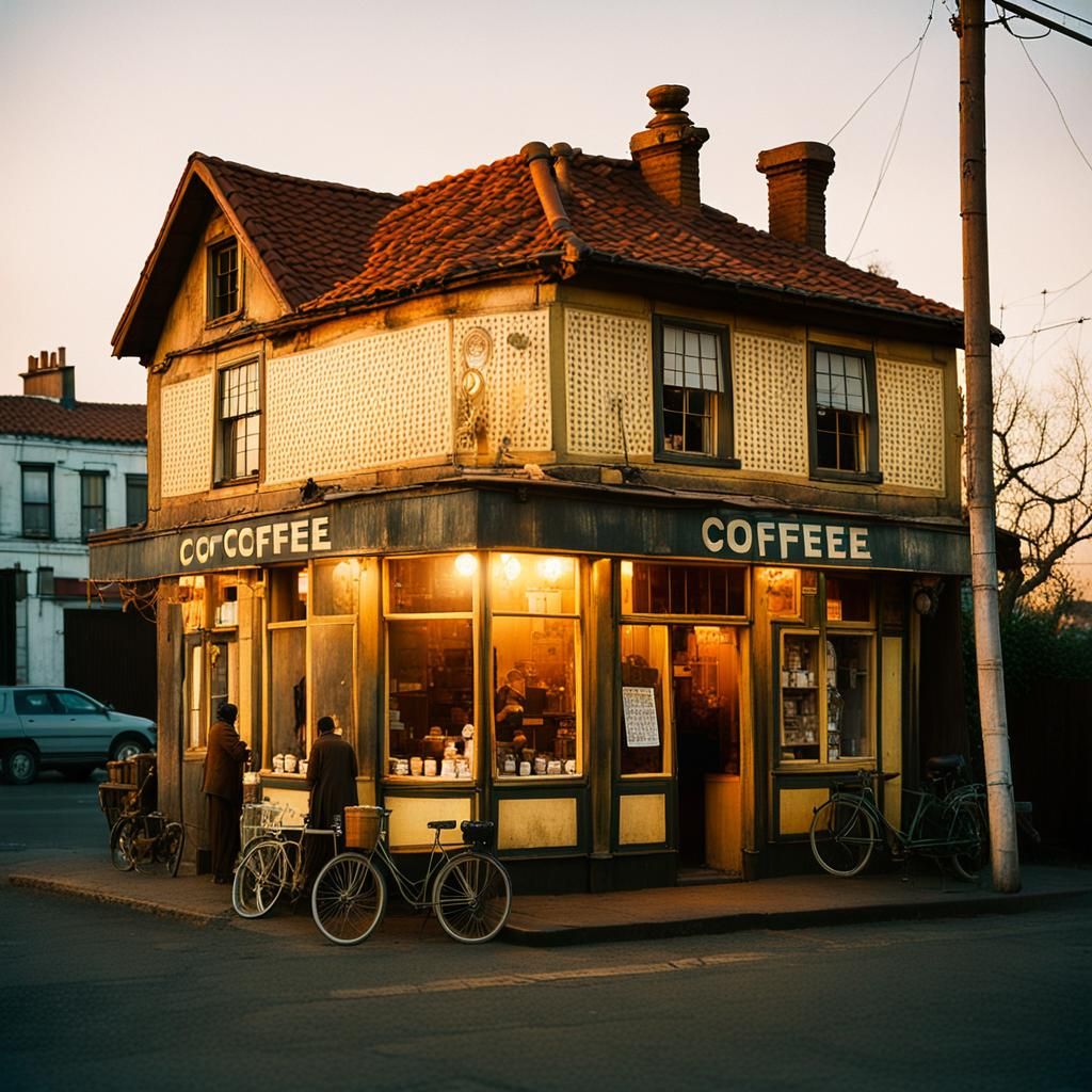 Corner House in Golden Light with Vintage Coffee Sign