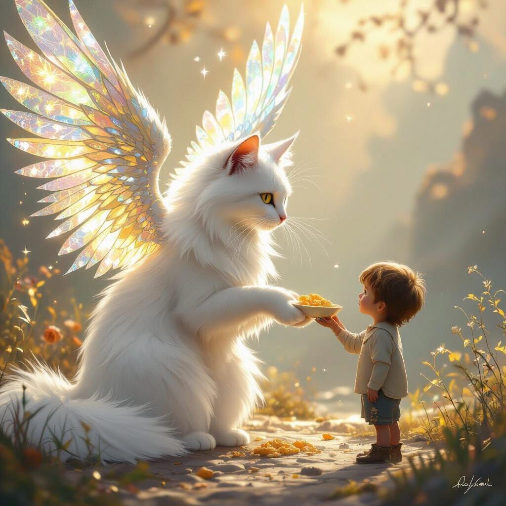 Majestic White Cat with Golden Wings Offers Food to Boy