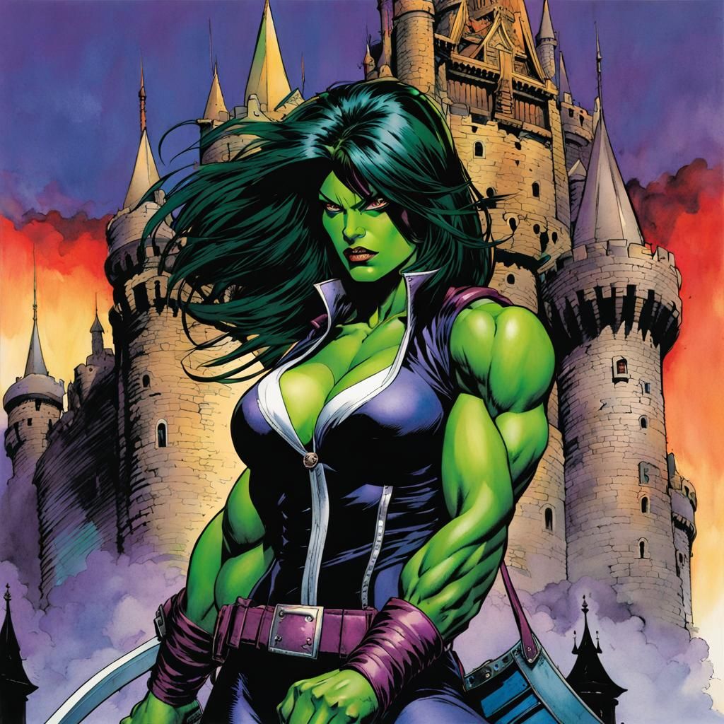 She-Hulk Prowls Castle Doom in Watercolor Style