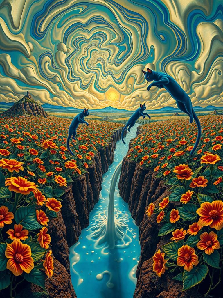 Surreal Landscape with Spilled Milk and Blue Cats
