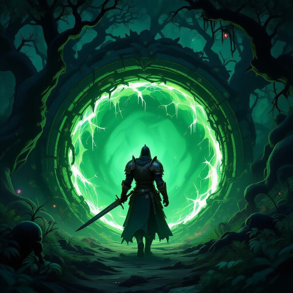 Knight Steps Through Emerald Portal in Dark Forest